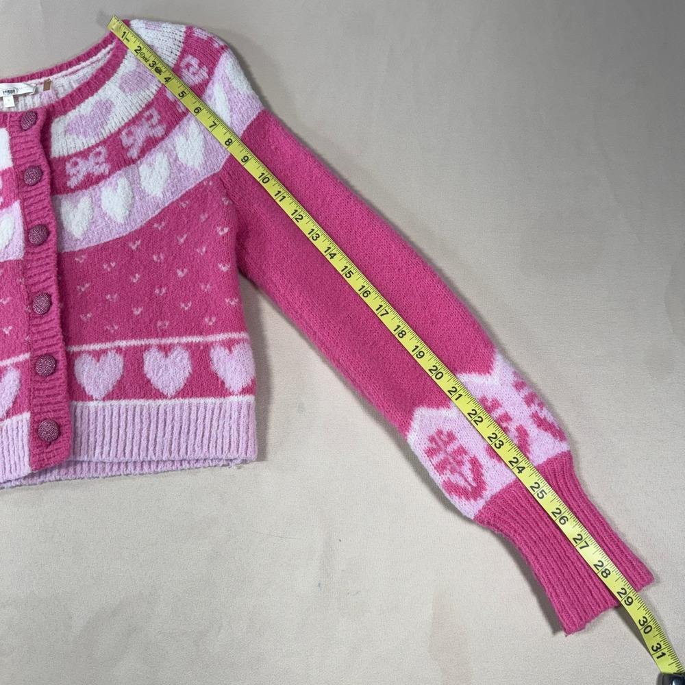 LoveShackFancy Dimples Pink Heart Bow Cropped Cardigan Sweater Size M Coquette - Picture 3 of 15